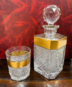 Set krištáľová brúsená karafa whisky ručná maľba zlatom 1 + 6 pohárov